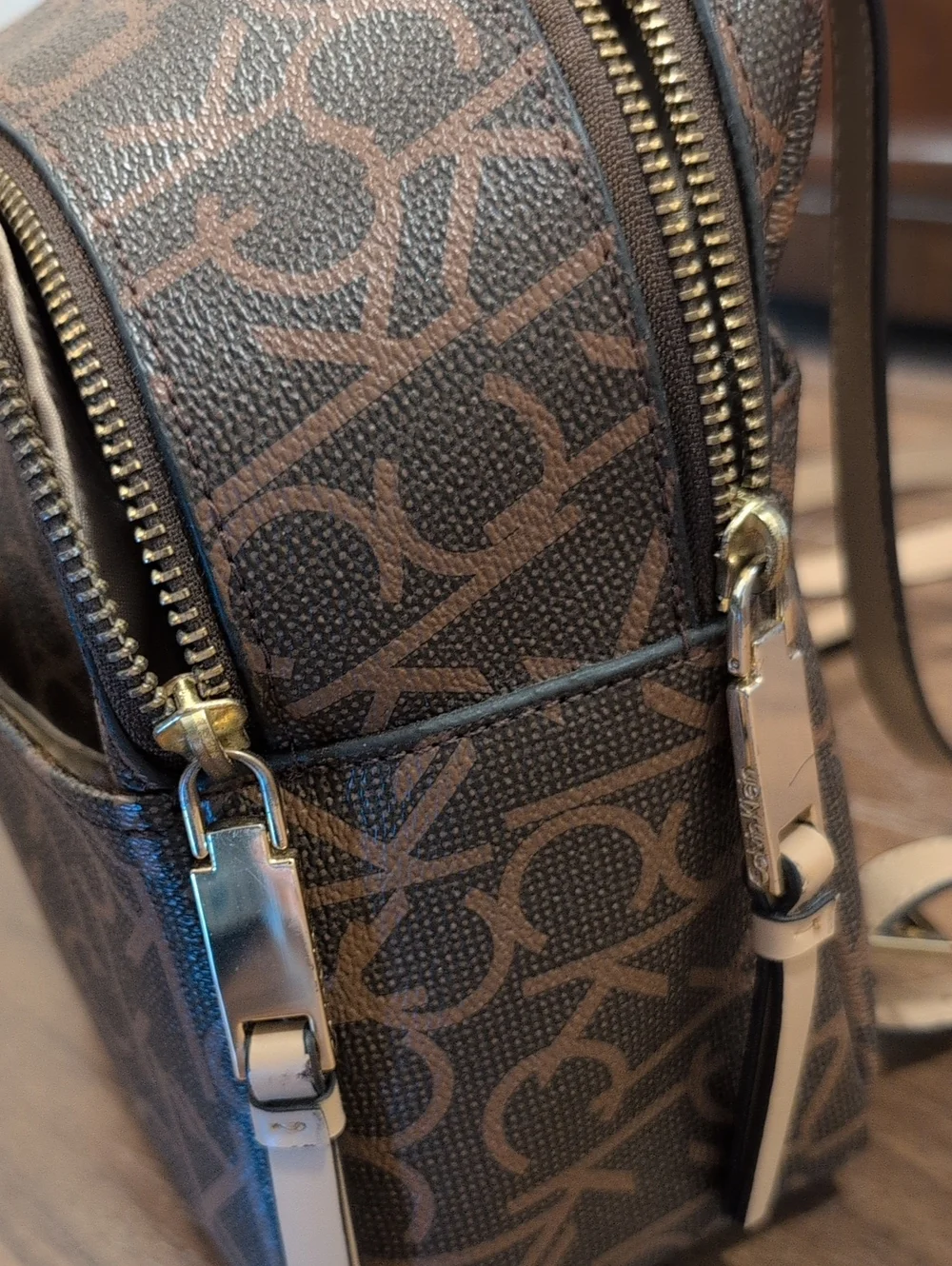 Calvin Klein Brown Monogram Mini Backpack with Tan Handle